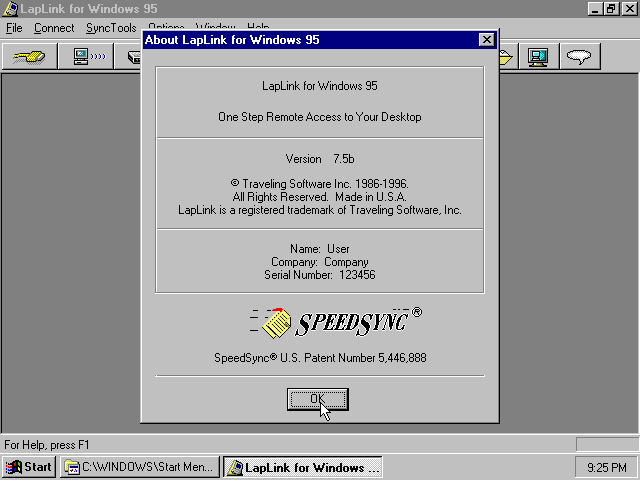 LapLink 7.5 for Windows 95 - About