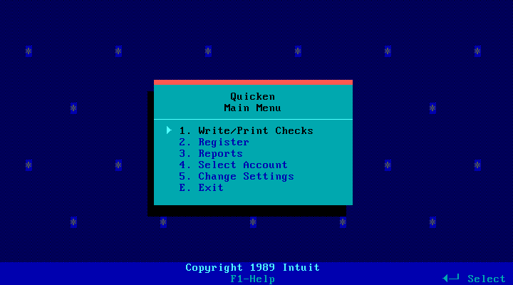 Quicken 3.0 for DOS - Menu