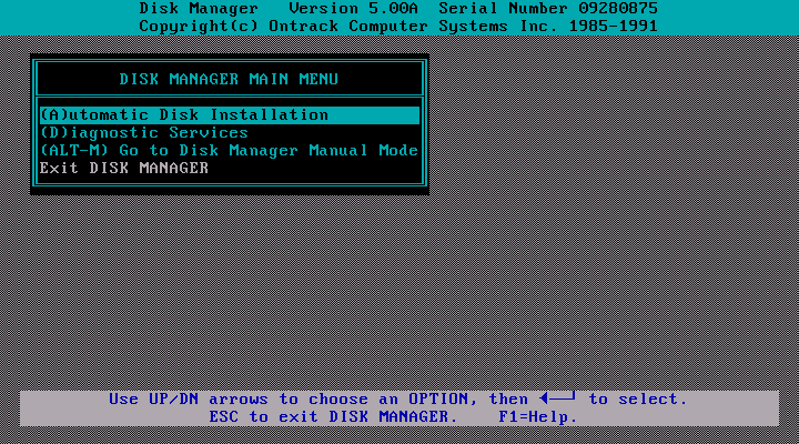 Ontrack Disk Manager 5.00a - Menu