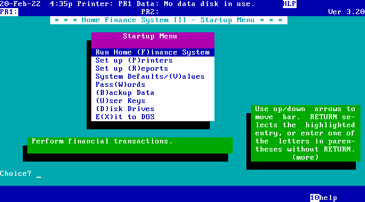 Home Finance System III 3.20 - Menu