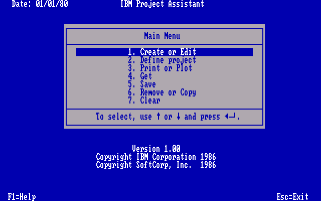 IBM Project Assistant 1.00 - Menu